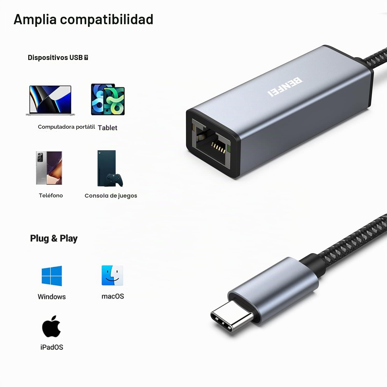 BENFEI Adaptador USB-C a Ethernet LAN, USB Tipo C (Thunderbolt 3) a RJ45 Adaptador de Red Compatible para MacBook Pro 2019/2018/2017, MacBook Air y más[Caja de Aluminio y Cable de Nailon]