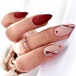 MISUD Press on Nails - Medium Almond Fake Nails with Red Heart, Acrylic Gold Line Design 24 pcs