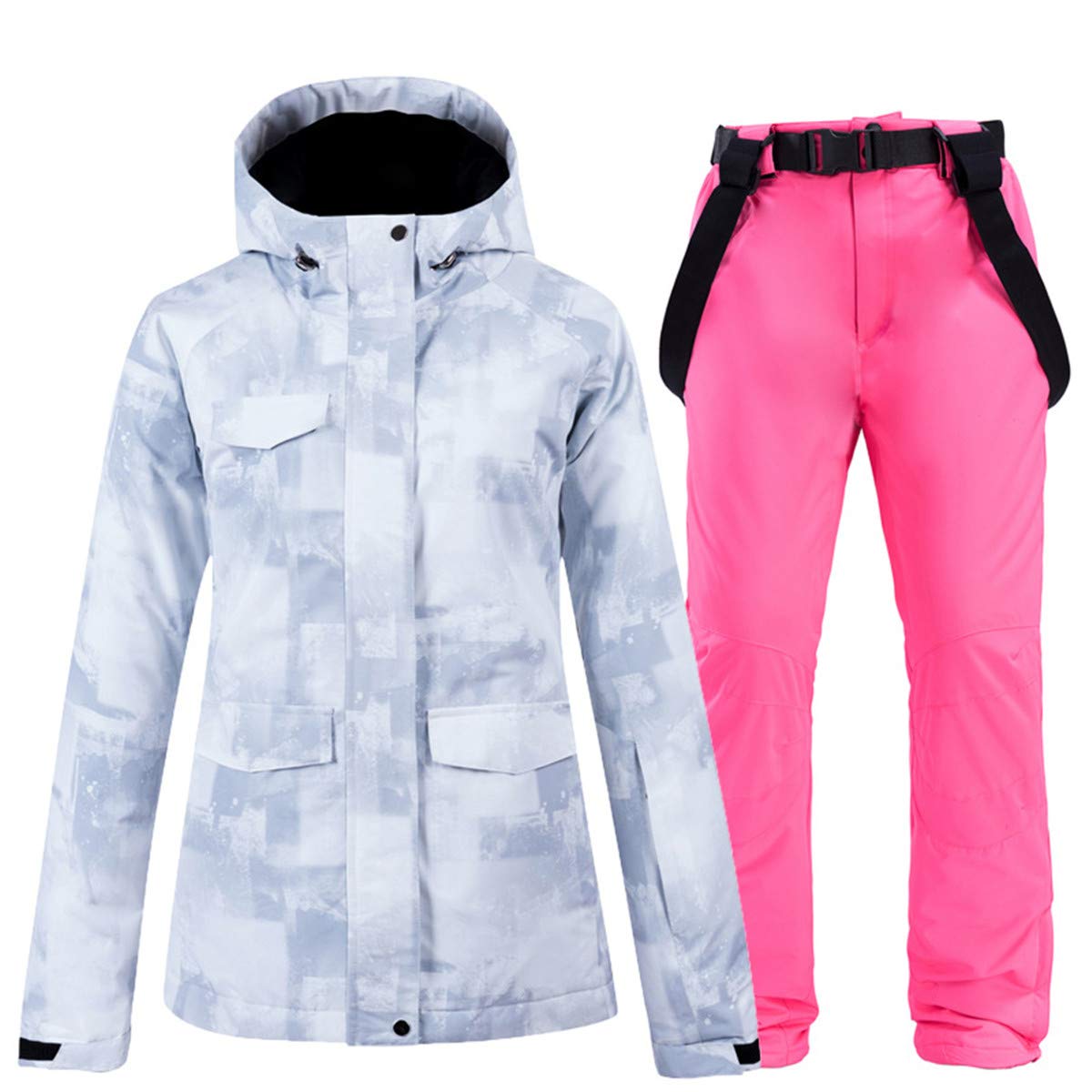 Women's 2 Pcs Gray Ski Jacket Outdoor Mountain Windproof Waterproof Snow Snowboard Coat with Ski Bib Pants Set L