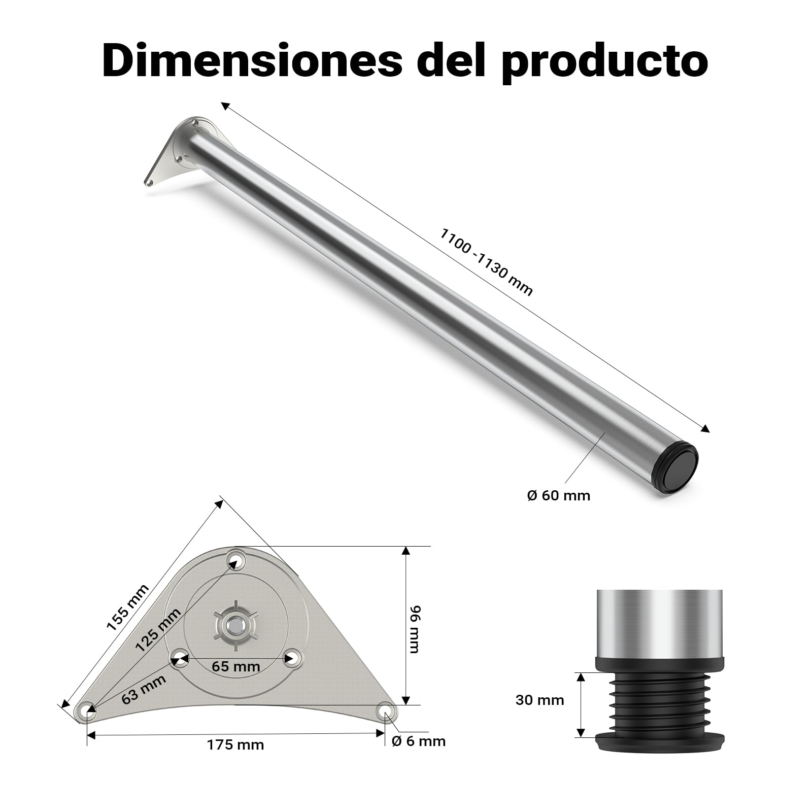 WilTec Juego 4 Patas Pies Acero Inoxidable Níquel Mesa Mueble Adjustable Regulable Altura Ø60mm 1100mm