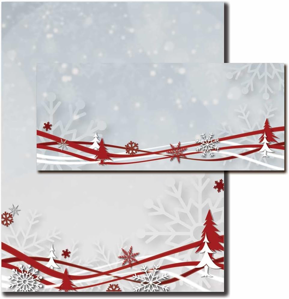 Snowflake & Ribbon Winter Letterhead With Matching Envelopes, 25pk