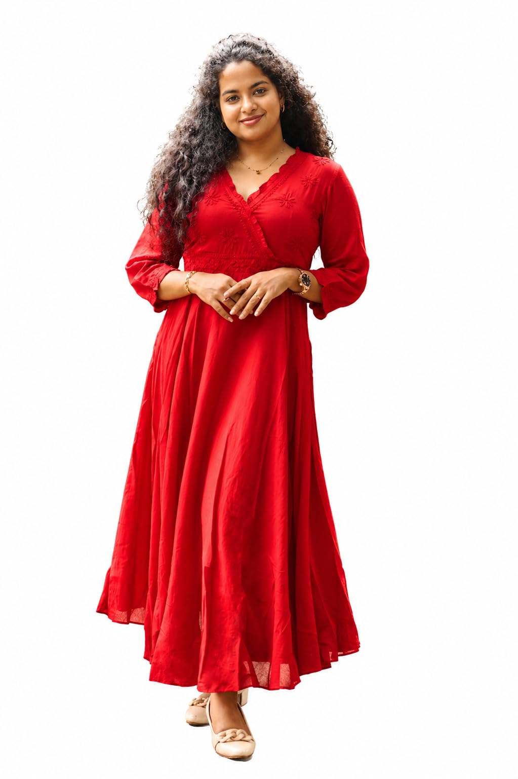 Red Maxi Anarkali Dress for Women | Embroidered MUL Cotton Ethnic Gown | Full Length Flared Kurti for Festive, Casual, Office-image-35