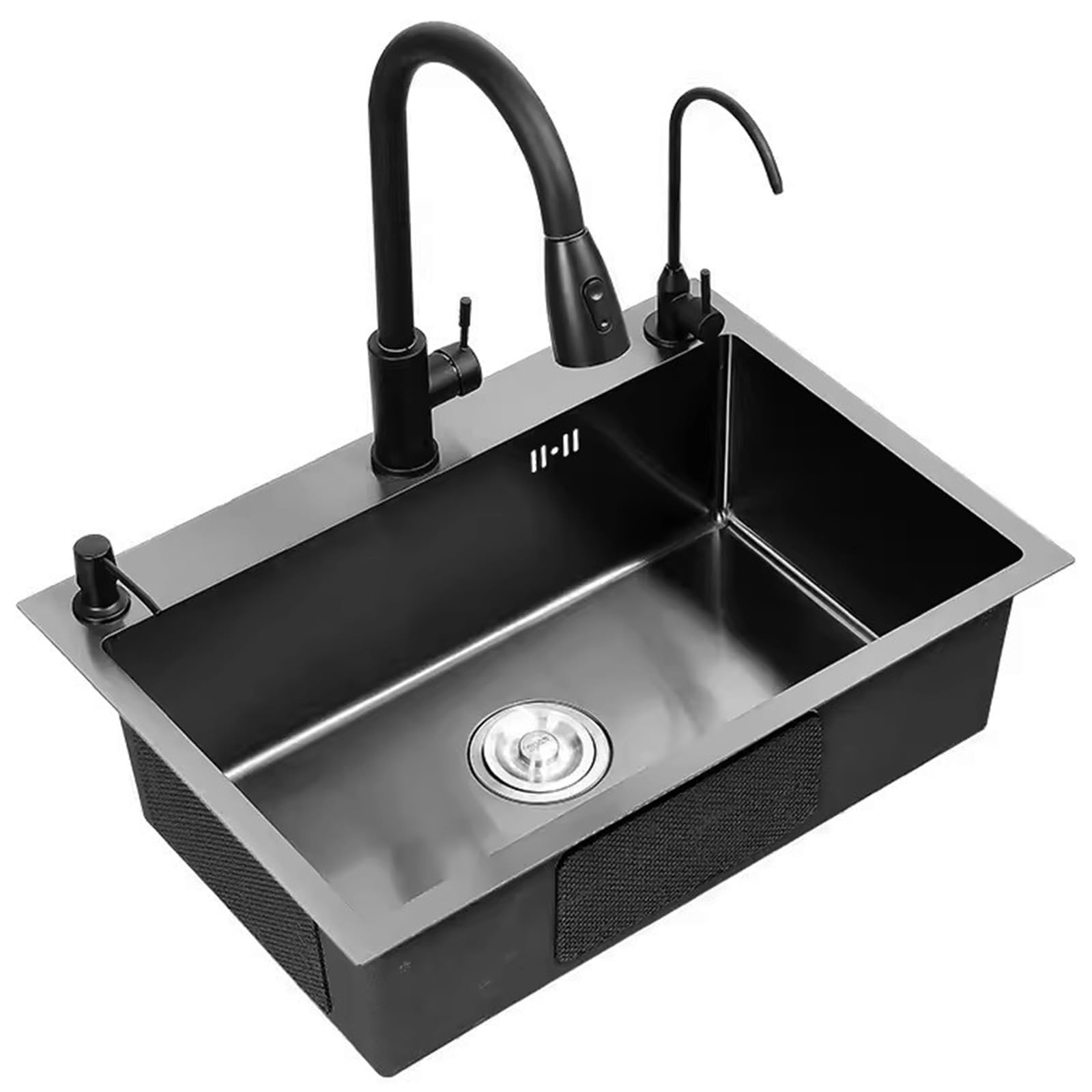 Fregadero negro de acero inoxidable 304, cuenco individual grande, fregadero de bar, grifo extraíble negro, accesorios completos, 80 x 50 x 20 cm