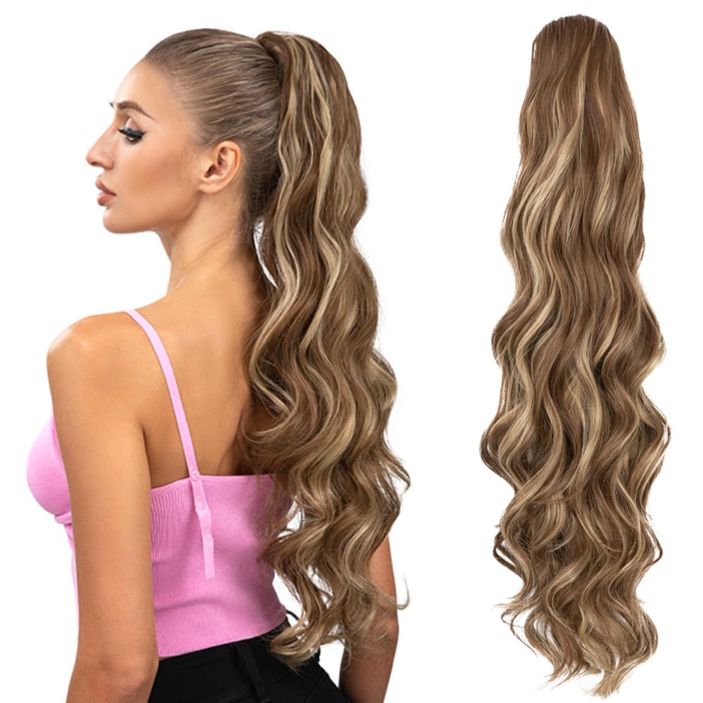 20inch Ponytail Extension, Drawstring Ponytail Hair, Blonde Highlights, Natural Long Curly Wave Layered Synthetic Pony Tails