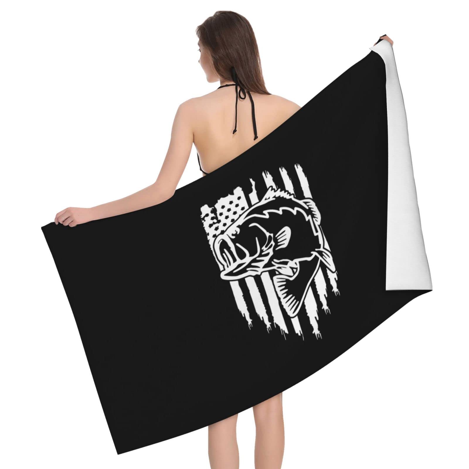 Lsjuee American Flag Largemouth Bass Bath Towel Absorb Water Quick Dry Bath Towel, for Beach, Swimming Pool, Camping