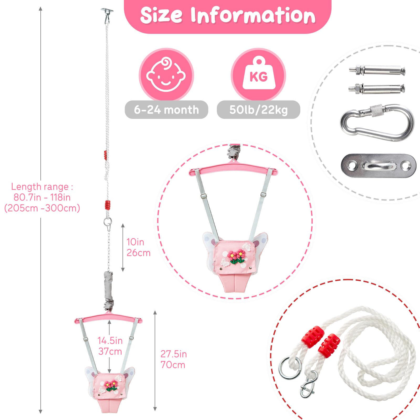 FUNLIO Baby Jumper con gancho de techo para 6–24 meses, saltador de puerta para interior y exterior, con cadena ajustable, fácil de montar y guardar (con gancho de techo) – Mariposa Rosa
