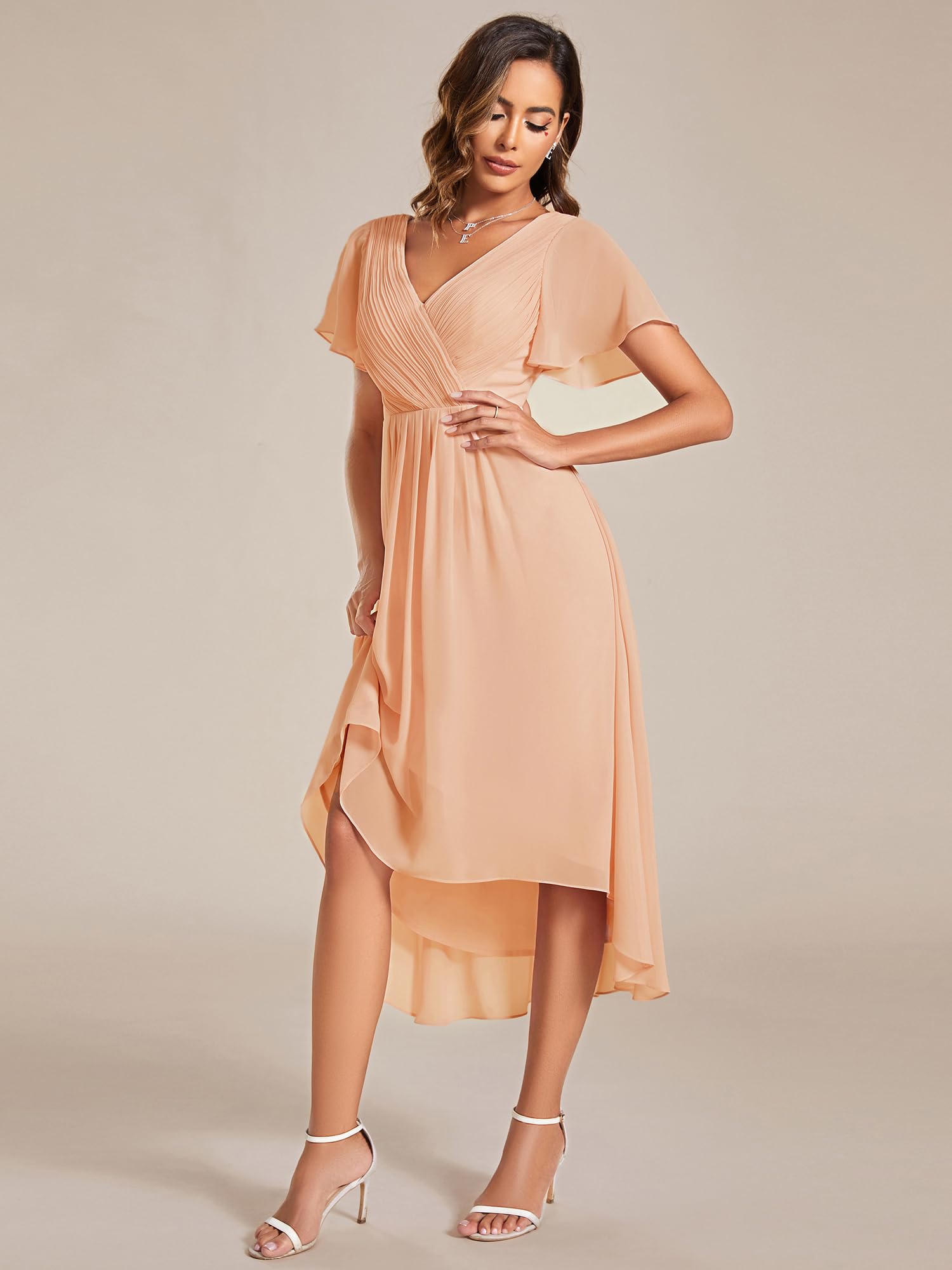 Ever-Pretty Robe trapèze col en V en mousseline de soie manches courtes longueur genou haute taille robes d'invité de mariage pour femmes courbes 01923-DA