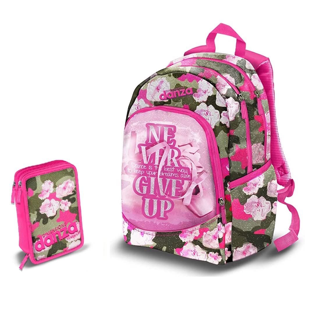 FCP ZAINO SCUOLA Dimensione Danza tondo organizzato 3 scomparti zip + Astuccio 3 piani completo + Omaggio 7 Penne Scatto cancellabili + Penna Luminosa LED e portachiave Paillettes