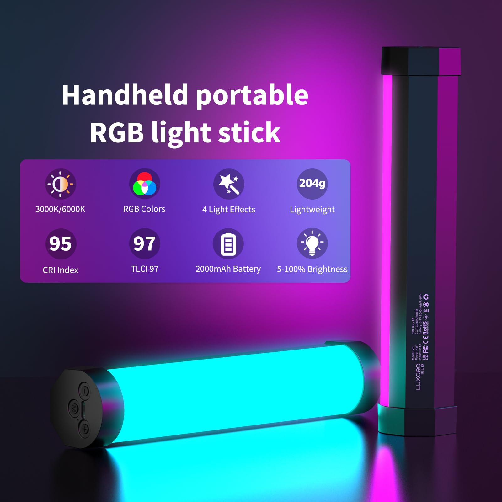 LUXCEO V8 Lampe vidéo LED RVB, CRI 95+, Batterie intégrée 2000 mAh, 3000 K/6000 K, luminosité réglable de 5 à 100%, 4 Effets pour TikTok, Vlog, Youtube, Photographie, LU-V8