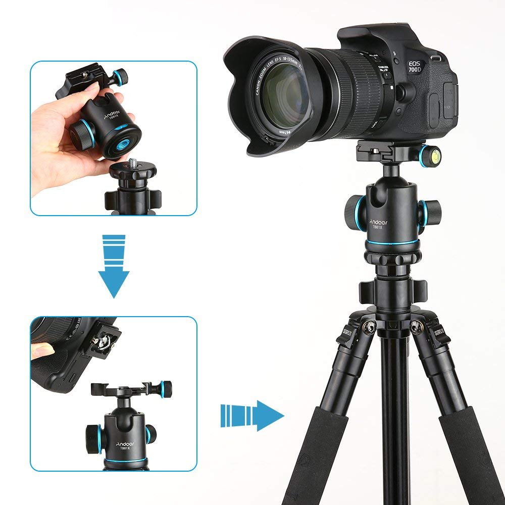 Andoer Kugelkopf Stativkopf 360 Grad Drehbar Panorama-Kugelkopf für Stativ Einbeinstativ Slider DSLR-Kamera mit 3pcs Schraube Adapter