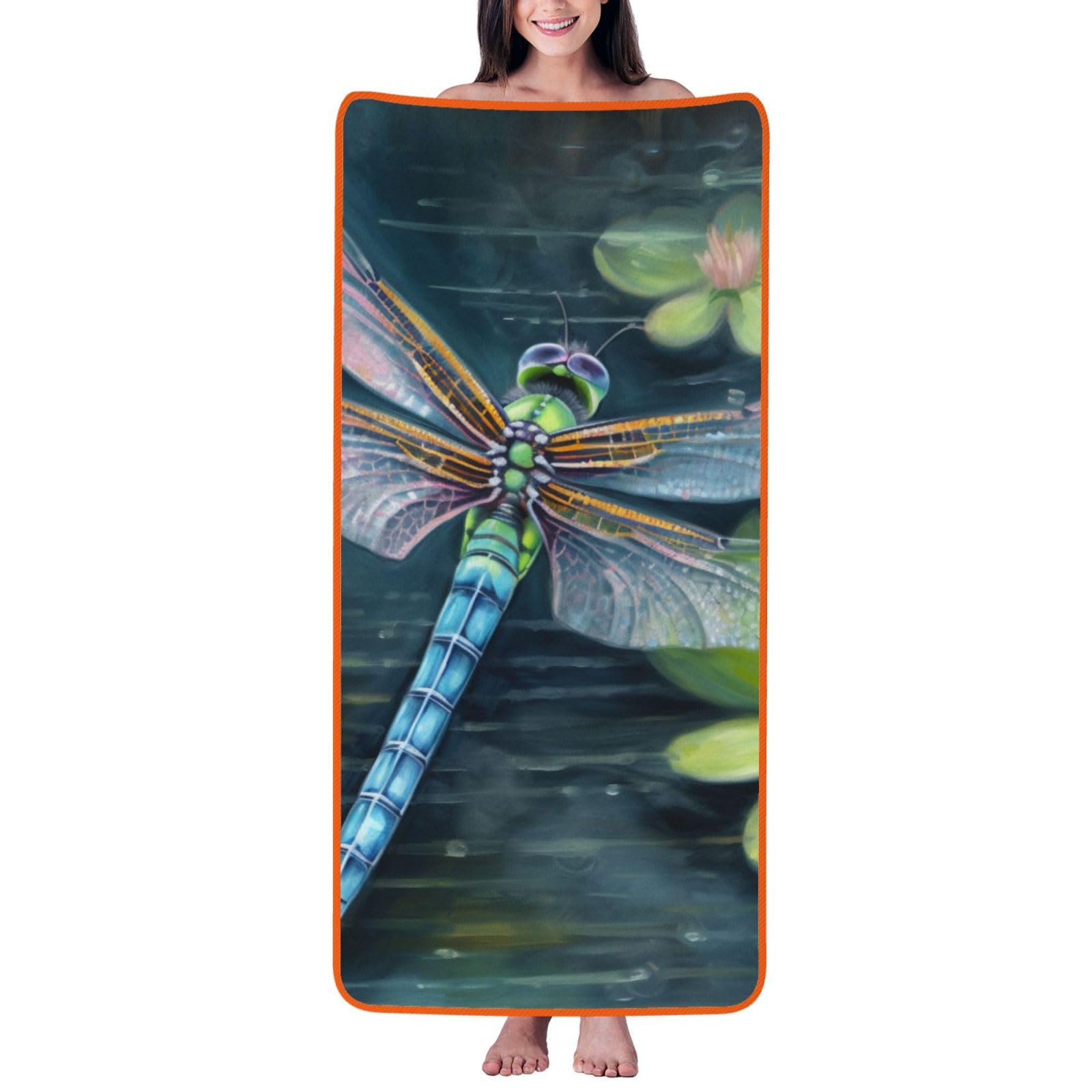 WPKJU Dragonfly Painting Printed Bath Towel with Orange Edging - 27x55 in Soft Extra Absorbent Coral Velvet Shower Towels for Bathroom
