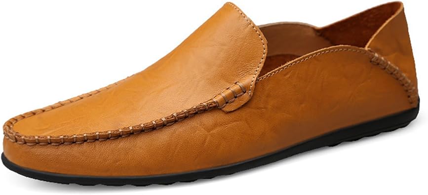 Mens Comfortable Leather Slip On Flat Heel Dress Loafers Casual Lightweight Soft Breathable Insole Round Toe Moccasin Boat Shoes for Casual Daily Wear Driving Work Office Business Meetings