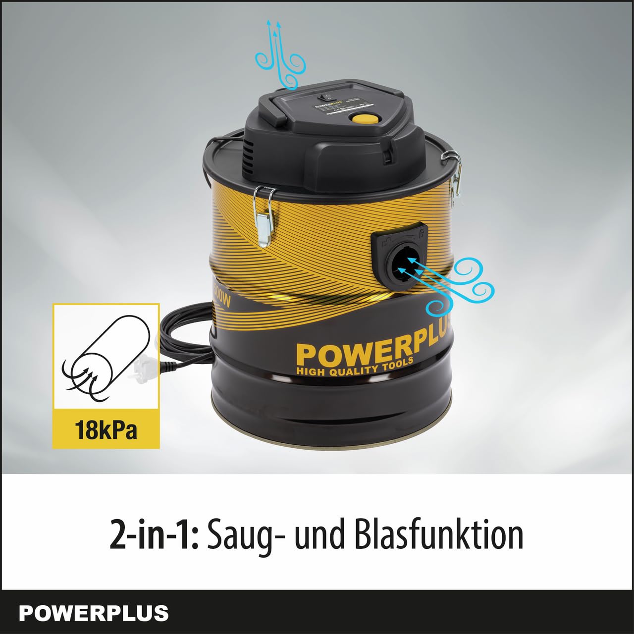 POWER plus Staubsauger POWX3018 Aschesauger für Kamin - 1800W - 20L Auffangbehälter - 2m Kabel - Inkl. Blasfunktion und austauschbarem Filter - Geeignet für Kamin, Werkstatt, Grill und Ofen
