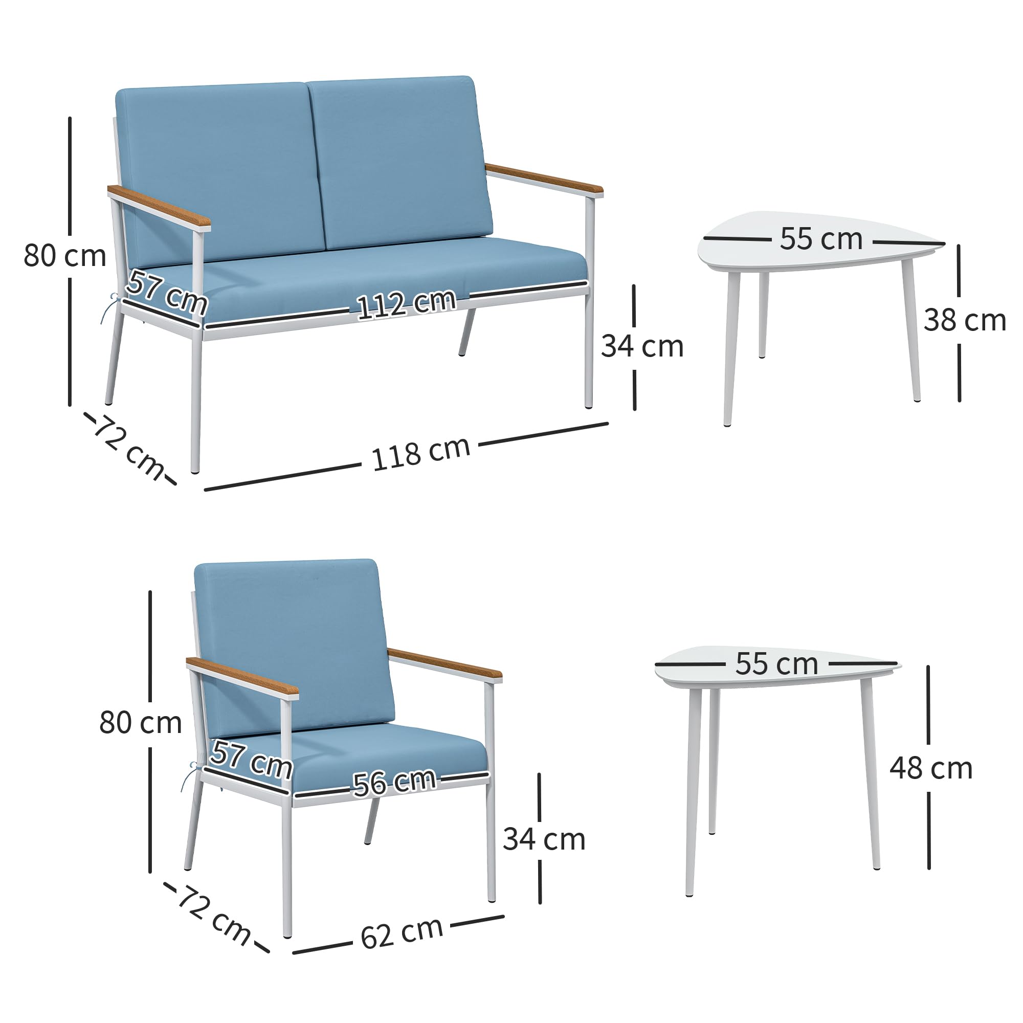 Outsunny Set Salotto da Giardino 5 Pezzi con Divanetto 2 Posti, Poltrone e Tavolino in Vetro, Azzurro