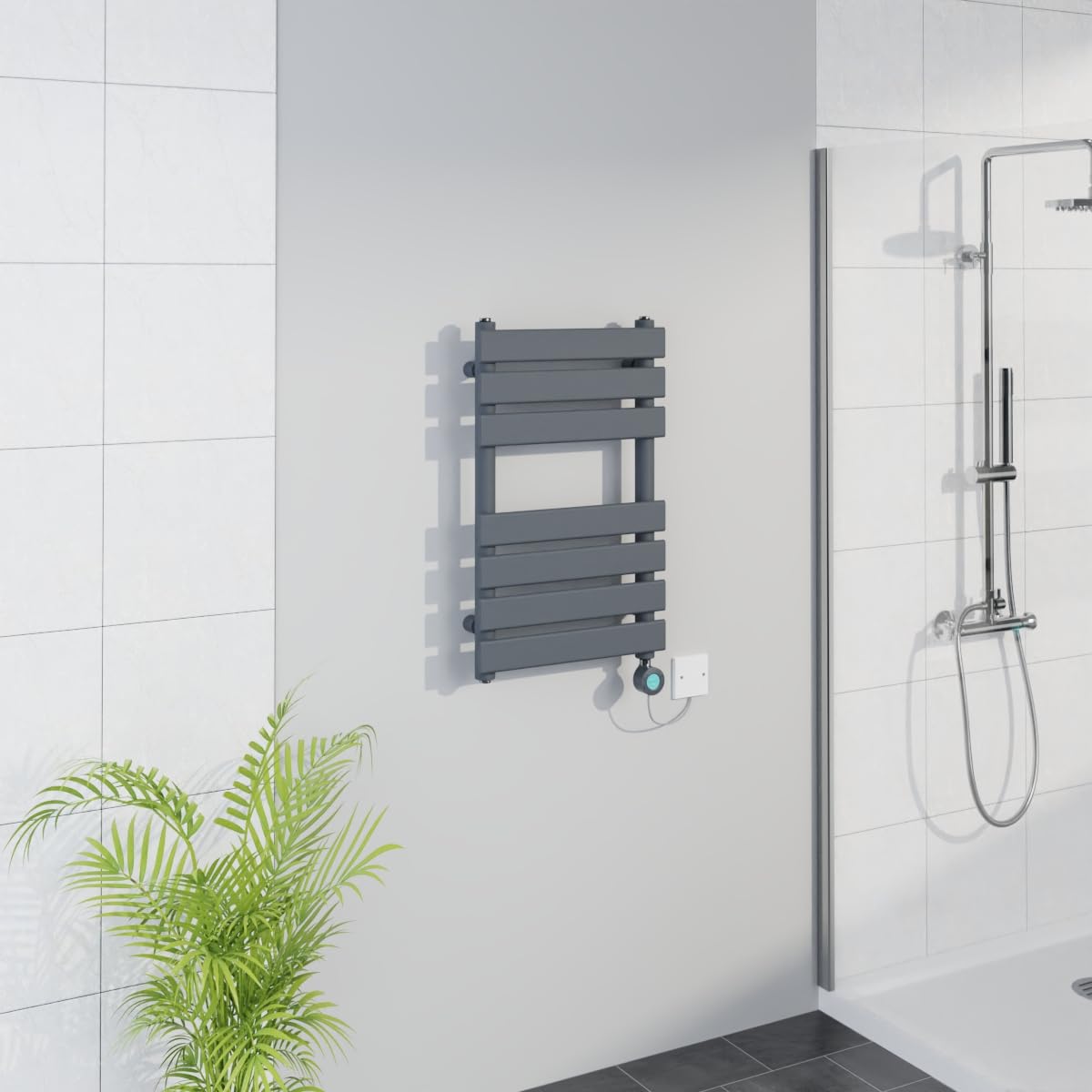 Warmehaus Smart WiFi Thermostatic Electric Bathroom Flat Panel Heated Towel Rail Warmer Radiator with Timer 650x400mm - Sand Grey