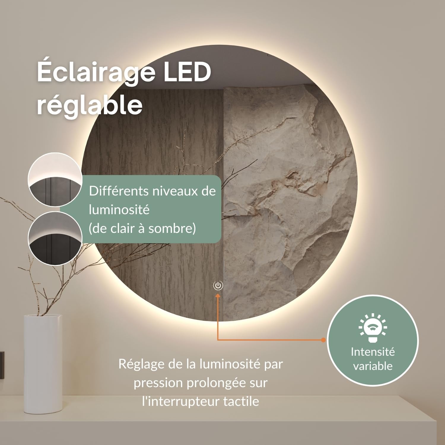 Maro spiegel rond met LED, dimbaar en spiegelverwarming 80 cm mat zwart