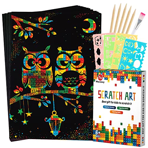 Mocoosy 60pcs scratch art para niños, rascar arte para niños, arcoíris papel para rascar, mágico negro Scratch Paper para niños Pintar, arte y artesanía regalos para niños niñas de 3 4 5 6 7 8 9 años