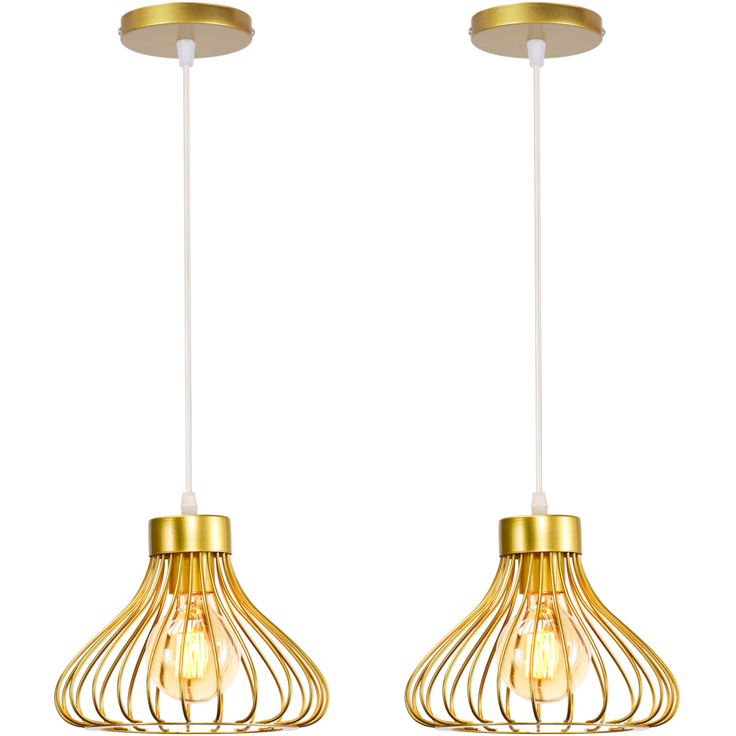 iDEGU 2 Piezas Lámparas de Techo Industriales Lámpara Colgante Estilo Vintage 23cm Pantalla de Metal en Forma de Jaula Negra Luz Colgante para Cocina Comedor Salón Bar Pasillo Restaurante (Dorado)