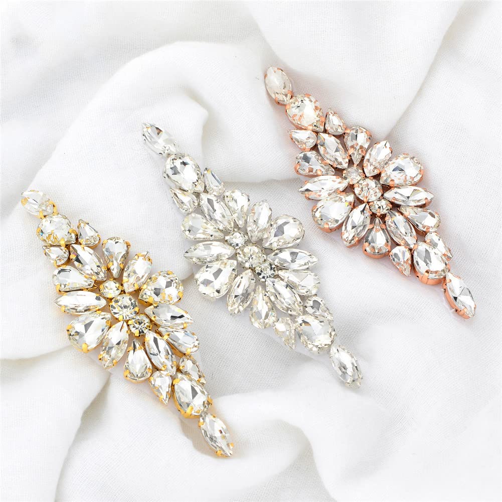 BELLIFFY Strass-Applikationen Für Gürtel 4 Stück | Silber Glitzer Aufnäher | Für Brautkleid & Abendkleid | 10x3cm