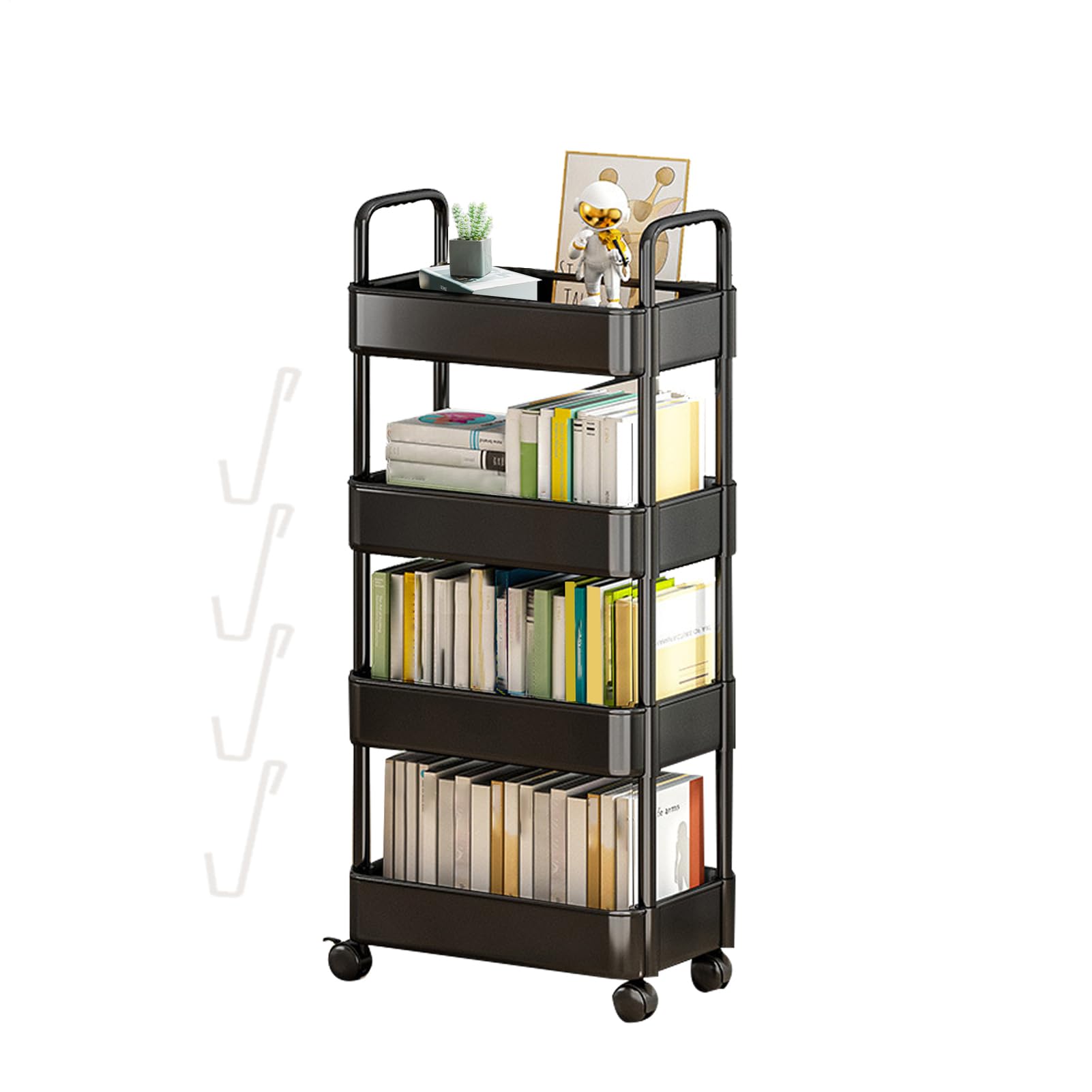 Organizador de almacenamiento para libros, estante con ruedas y ganchos, para aperitivos a 3/4 niveles, organizador de almacenamiento móvil para la organización de la m