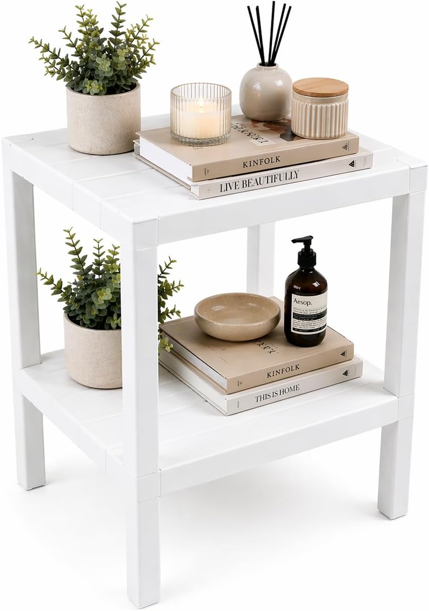 DIVCHI 2 Tier Side End Table Nightstand Coffee Tables Storage Bedside Office Living Room Bedroom Small Narrow Space Sofa Table (White)