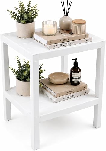 DIVCHI Mesa auxiliar de 2 niveles, mesita de noche, mesita de noche, mesita de noche, oficina, sala de estar, dormitorio, mesa de sofá pequeña y estrecha (blanco)