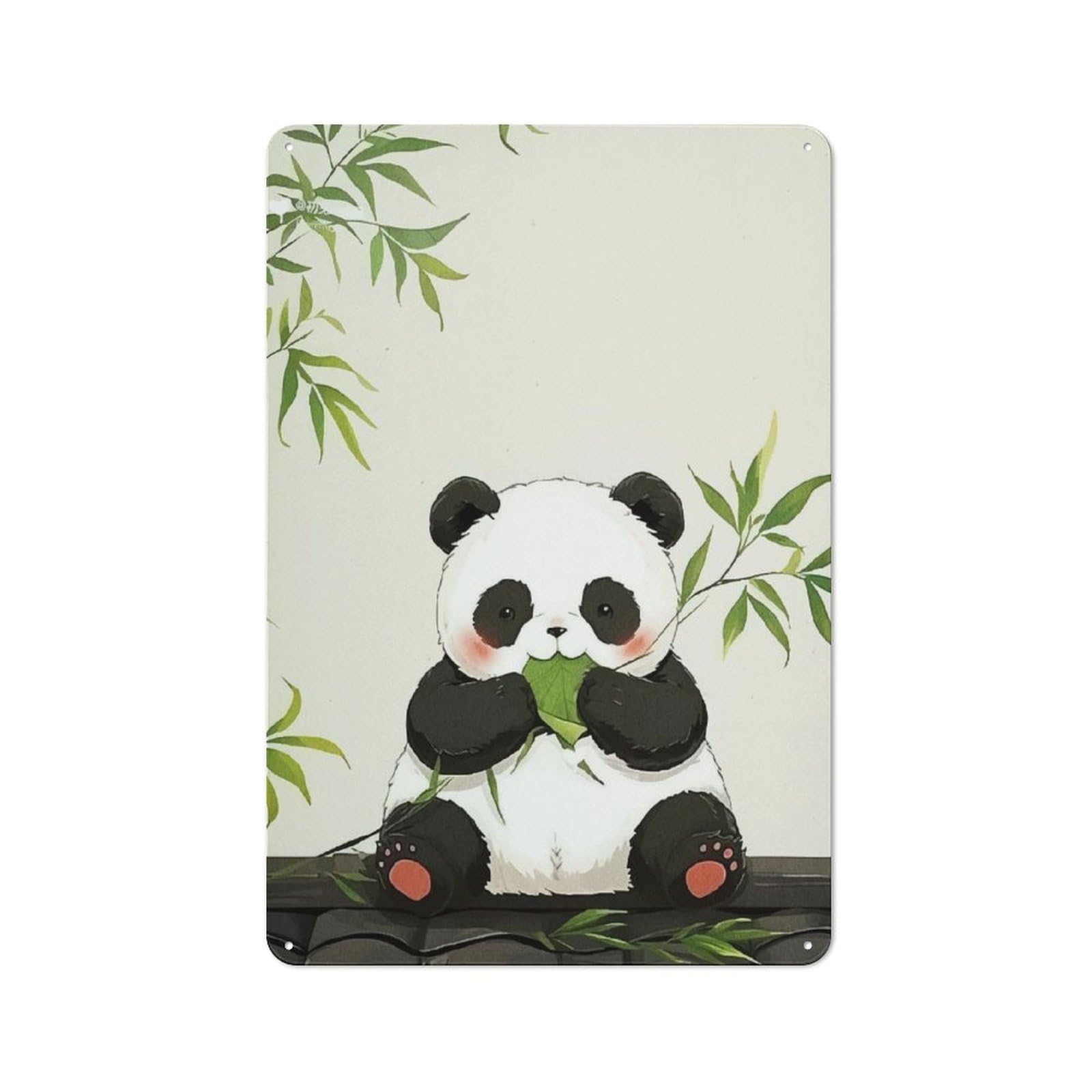 Junmoney Cute Panda Bamboo Tin Wall Plaque 30X20cm, Rustic Farmhouse Wall Decor For Dining Room, Cafe, Entryway Or Family Room