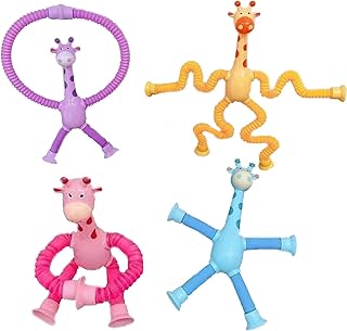 4Pcs Telescopic Suction Cup Giraffe Toy,Suction Cup Pop Tube Giraffe Toys,Shape Changing Suction Cup Giraffe Toy,Stretchy Giraffe Suction Toy,Funny Sensory Toys Imaginative Play Gift for Boys Girls