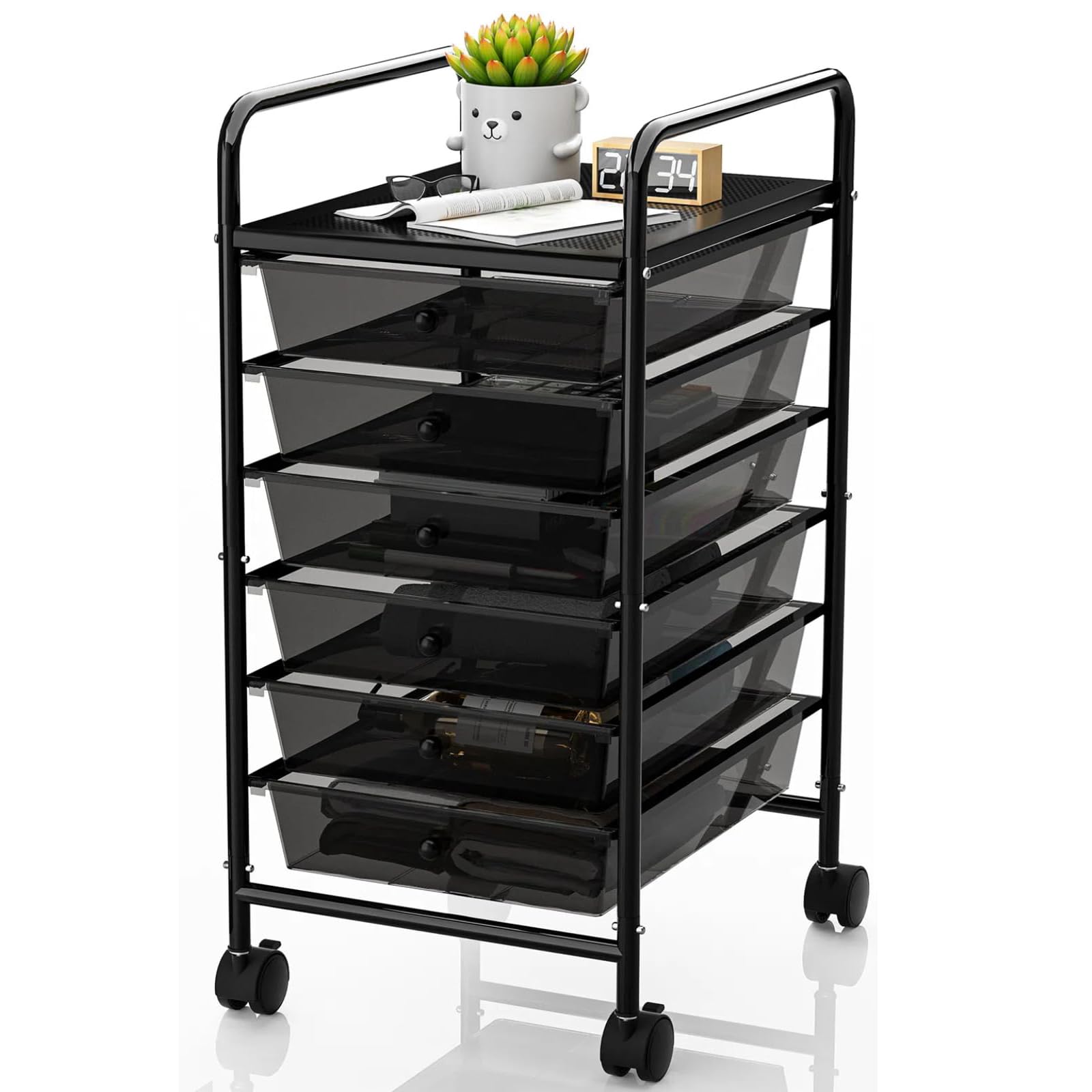 Photo 1 of **FOR PARTS/ MISSING ASSEMBLY PIECES*** Rolling Cart with Drawers, 6-Tier Rolling Storage Cart with Drawers, Rolling Utility Cart with 6 Drawers with 2 Lockable Caster Wheels for Office Bathroom Kitchen, Transparent Black