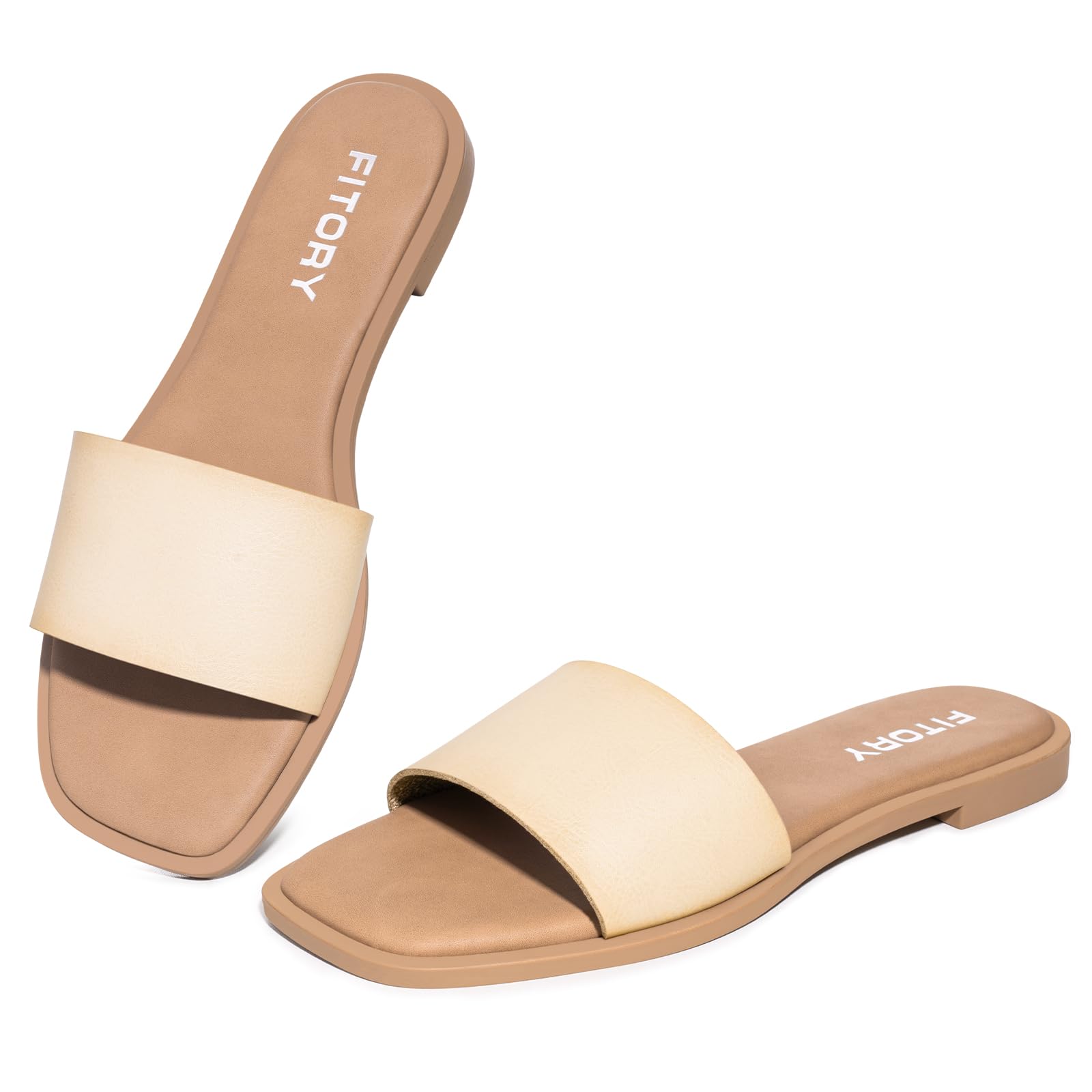 FITORY Women's Slide Sandals Square Open Toe Cushioned Footbed Slippers