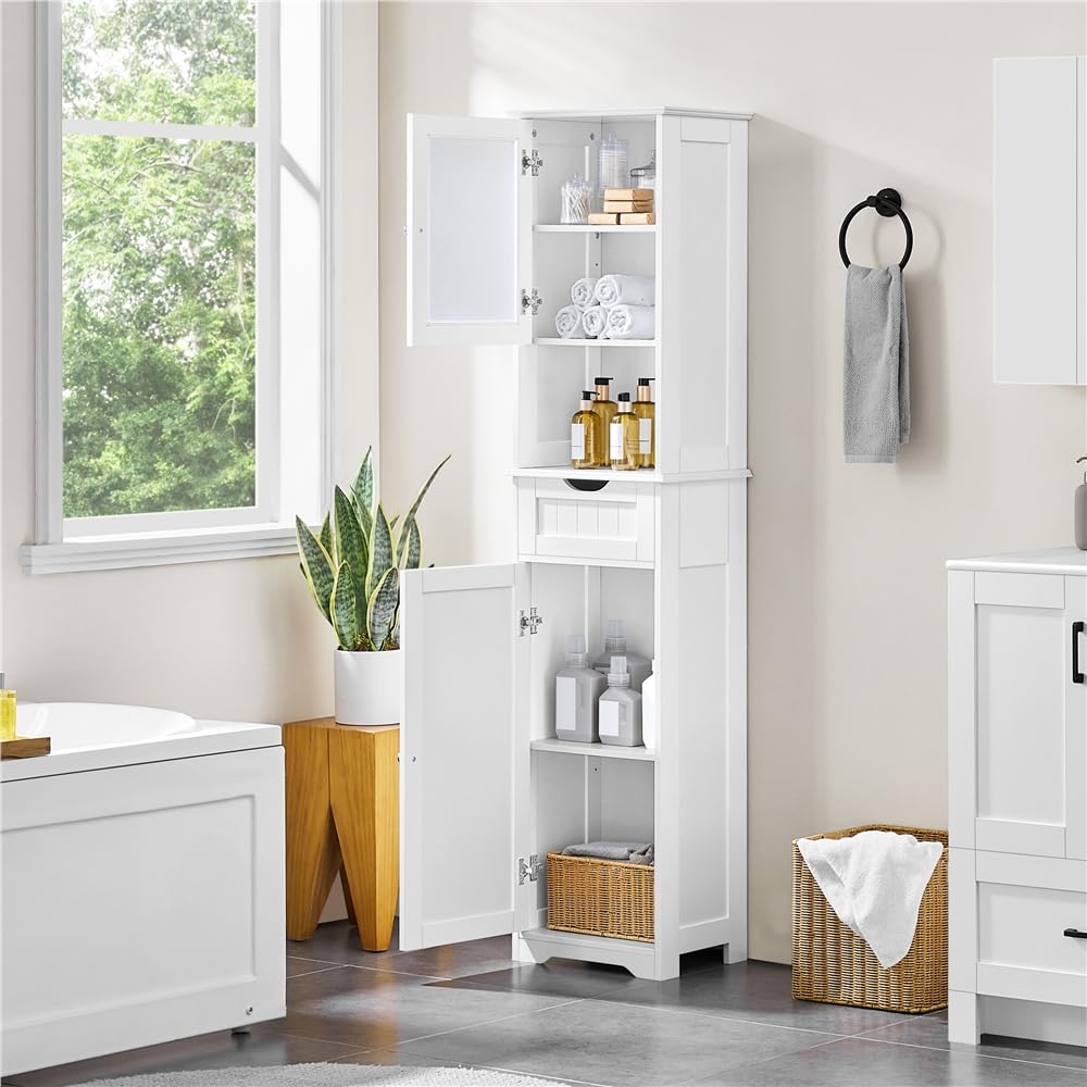 Yaheetech Armadietto da Terra con Ripiani Regolabili Armadio da Bagno con Ante Mobile Autoportante in Vetro Mobiletto con Cassetto per Cucina Soggiorno Stile Shabby Chic 40 × 30 × 170 cm Bianco