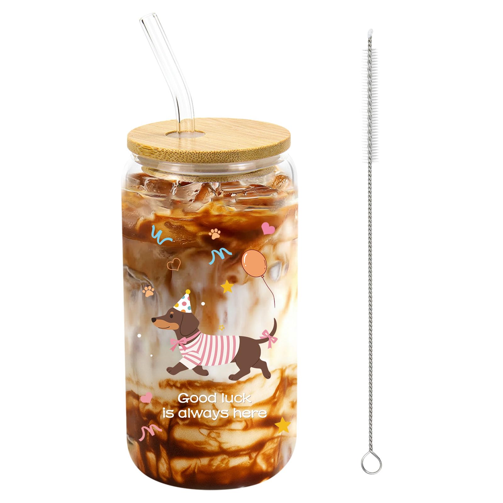 Mjuthy Dackel Glasbecher, 500ml Trinkglas mit Deckel und Strohhalm, Wiederverwendbares Dackel Geschenk Glas für Eiskaffee, Matcha, Smoothie, Saft und Bubble Tea, Ideal für Heiß- und Kaltgetränke