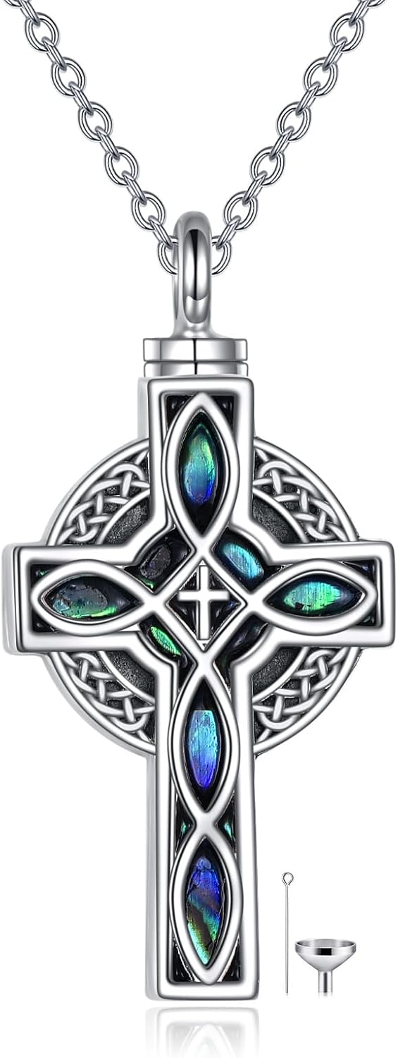YFN Celtic Cross Urn Necklace Sterling Silver Celtic Knot Ashes Pendant Abalone Shell Cross Cremation Jewelry Gifts for Women Men