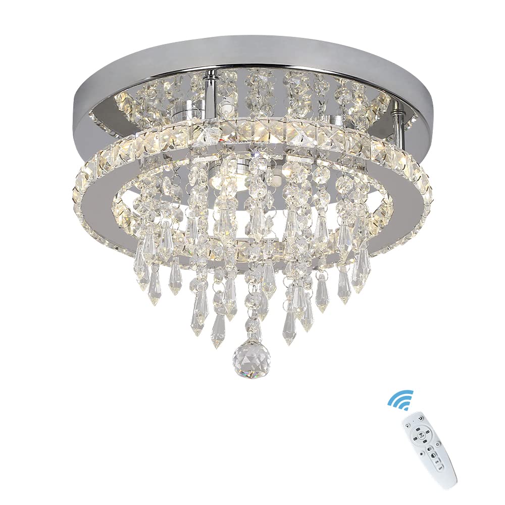 Deckrico Modern K9 Crystal Chandelier with Remote Control Stainless Steel Pendant Lamp Flush Mount Light Fixtures for Dining Room Bathroom Bedroom