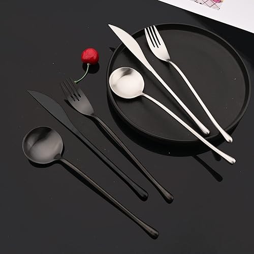 Miniatura 3 de JASHII Juego de 24 cubiertos mate de acero inoxidable 304, incluye cuchillos de carne, servicio para 4, mango redondo, acabado satinado, apto para