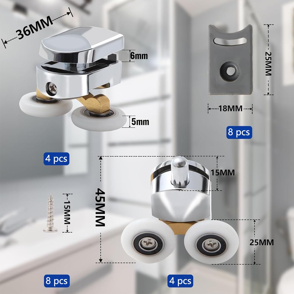 8 sztuk rolek do drzwi prysznicowych, części zamienne, kółka do drzwi prysznicowych, do drzwi łazienkowych o grubości szkła 4-6 mm, 4 rolki górne i 4 dolne