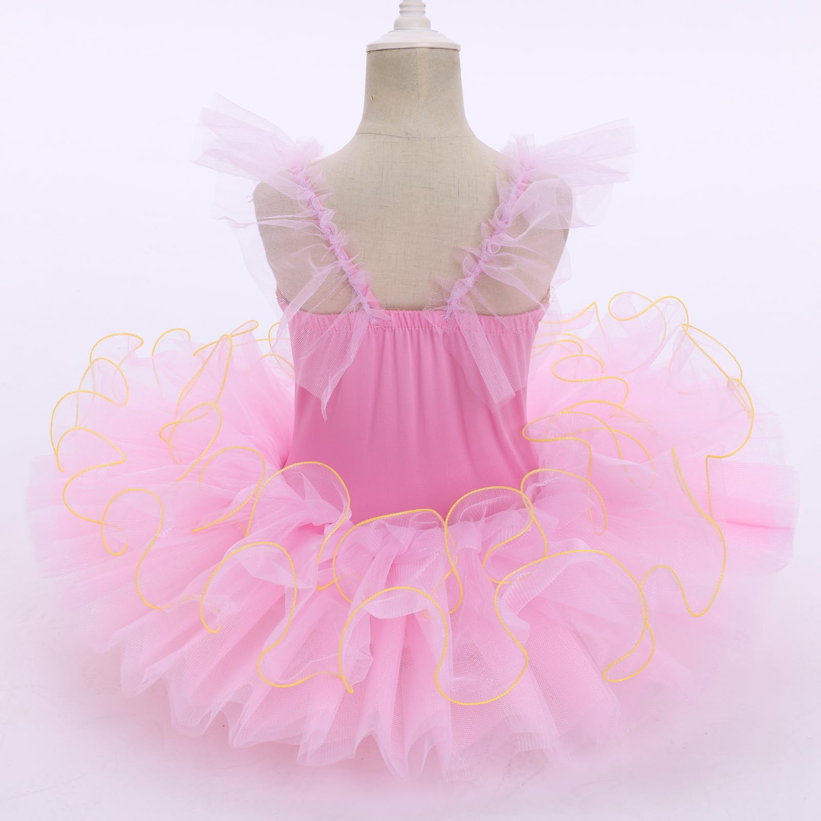 IDOPIP Tutu de ballet pour filles : justaucorps à manches flottantes avec col en V brodé pour filles – Tutu de danse crêpe performance