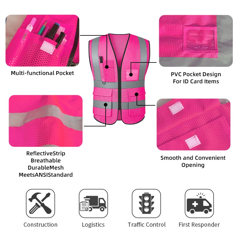 Image of High Visibility Safety Vest with Reflective Strips & Pockets | High Visibility | 360 Reflective Strips | 5 Pockets | Zipper Front | Lightweight Polyester | ANSI /ISEA 107 Class 2 Type R