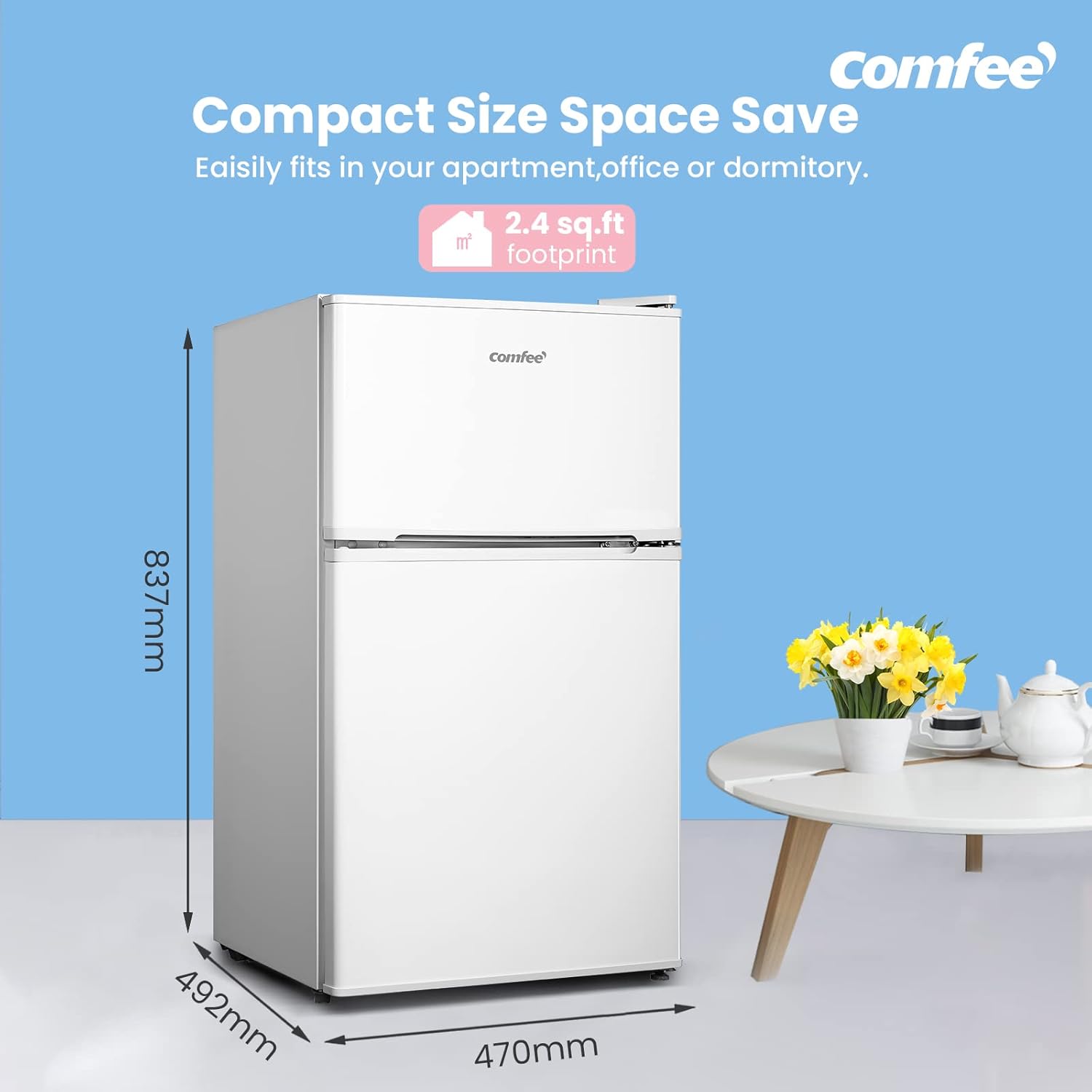 COMFEE' RCT87WH2(E) Under Counter Fridge Freezer, 87L Small Fridge Freezer with Light, Removable Shelves, Adjustable Thermostats, Reversible Doors,White 4