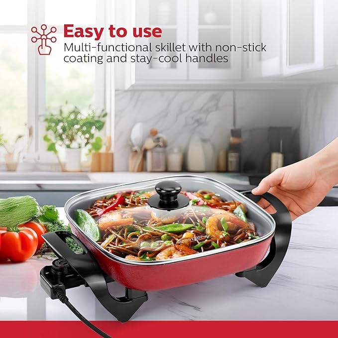 Image of Extra Deep Electric Skillet with Glass Lid, Square Design with Non-Stick Surface & Cool-Touch Handles, Large Non-stick Frying Pan & Multi-Cooker, Adjustable Temperature Control, Red