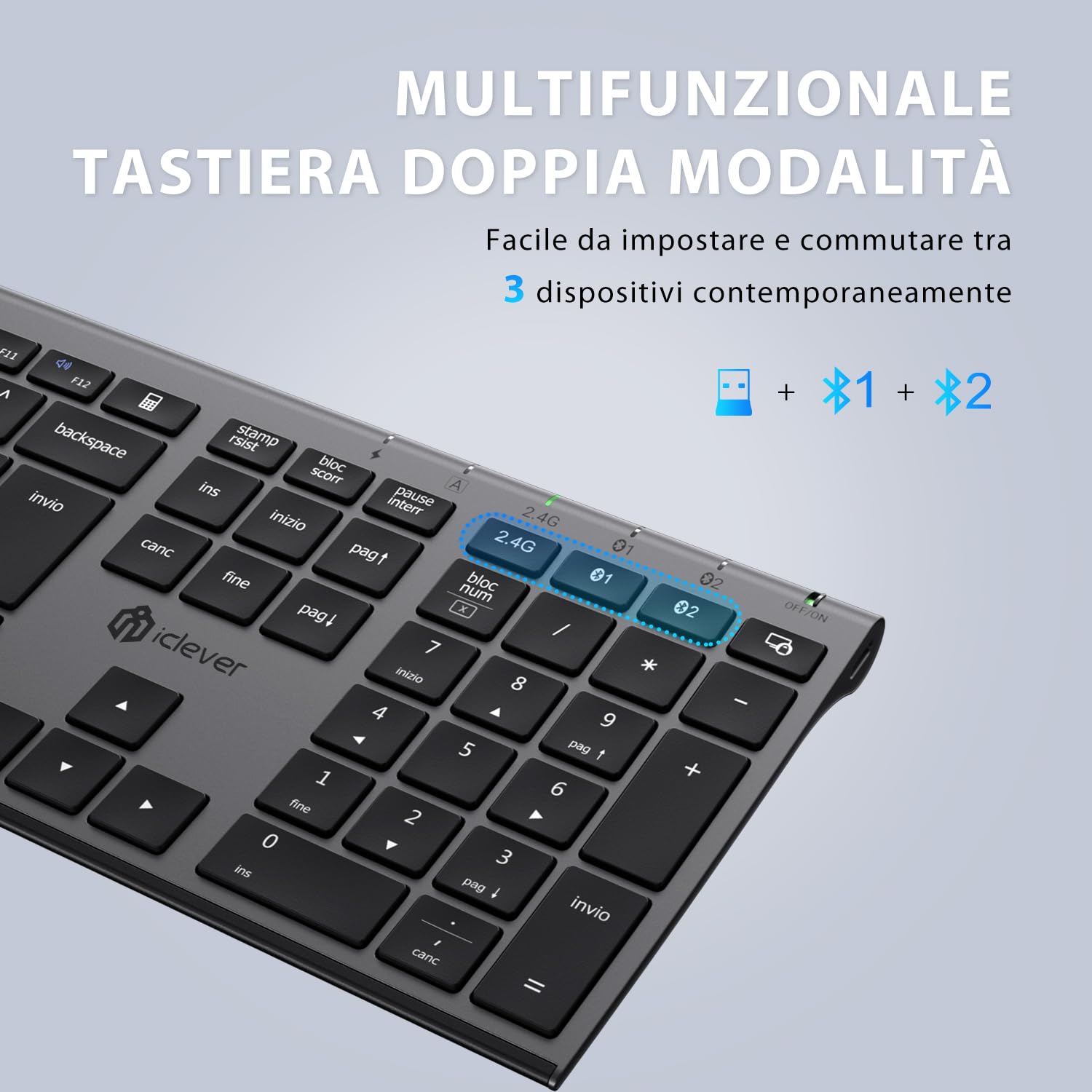 iClever Tastiera e Mouse Wireless Bluetooth, Tastiera e Mouse Doppia Modalità (Bluetooth + 2.4G) Ricaricabile, Layout Italiano QWERTY, Silenziosa for Mac, iPad, PC, Laptop, Desktop, Tablet, Smartphone