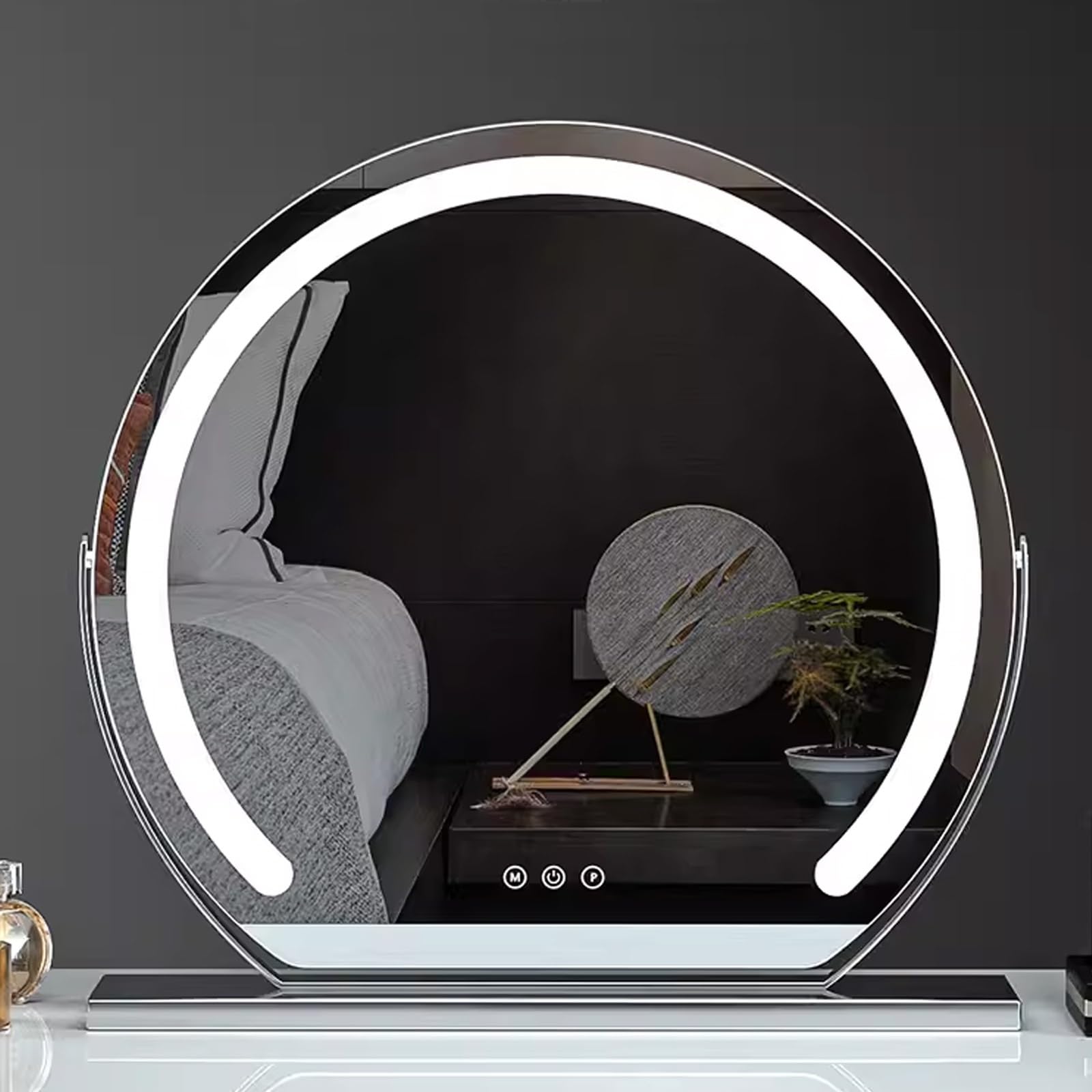 Large Vanity Mirror with Dimmable LED Lights Touch Screen Tabletop Makeup Mirror Rechargeable Illuminated Mirror for Dressing Table and Bedroom Silver (52cmX48cm)