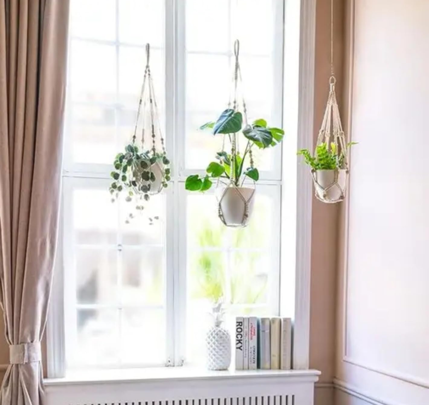 Lot de 3 suspensions en macramé pour pot de fleurs en corde de coton, blanc, 91 cm de long
