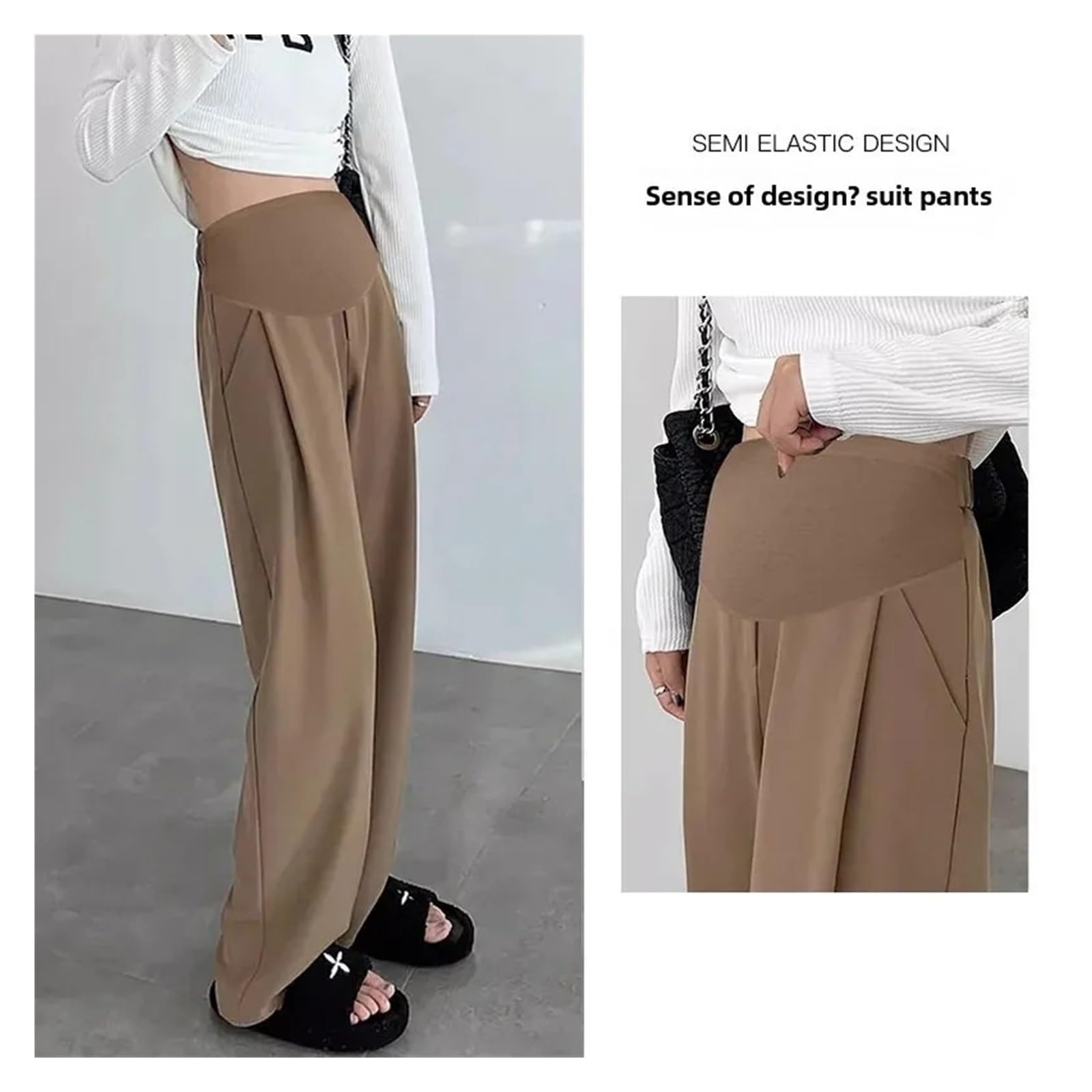 Pantalones de Maternidad de Pierna Ancha, Pantalones Casuales adelgazantes de Pierna Recta for Embarazadas, Primavera y Verano.(Coffee,XL)