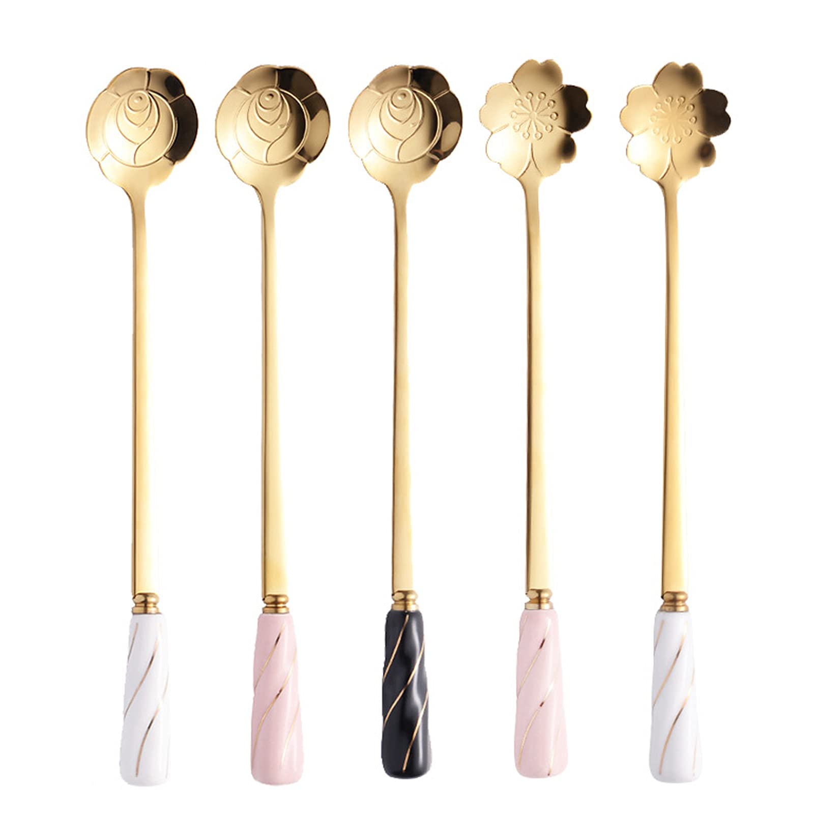 cuchara de mesa juego de cucharas Cuchara de postre de acero inoxidable Cuchara en forma de flor con mango de cerámica Cuchara de postre de helado creativa for vajilla Cucharas de cocina for comer (Co
