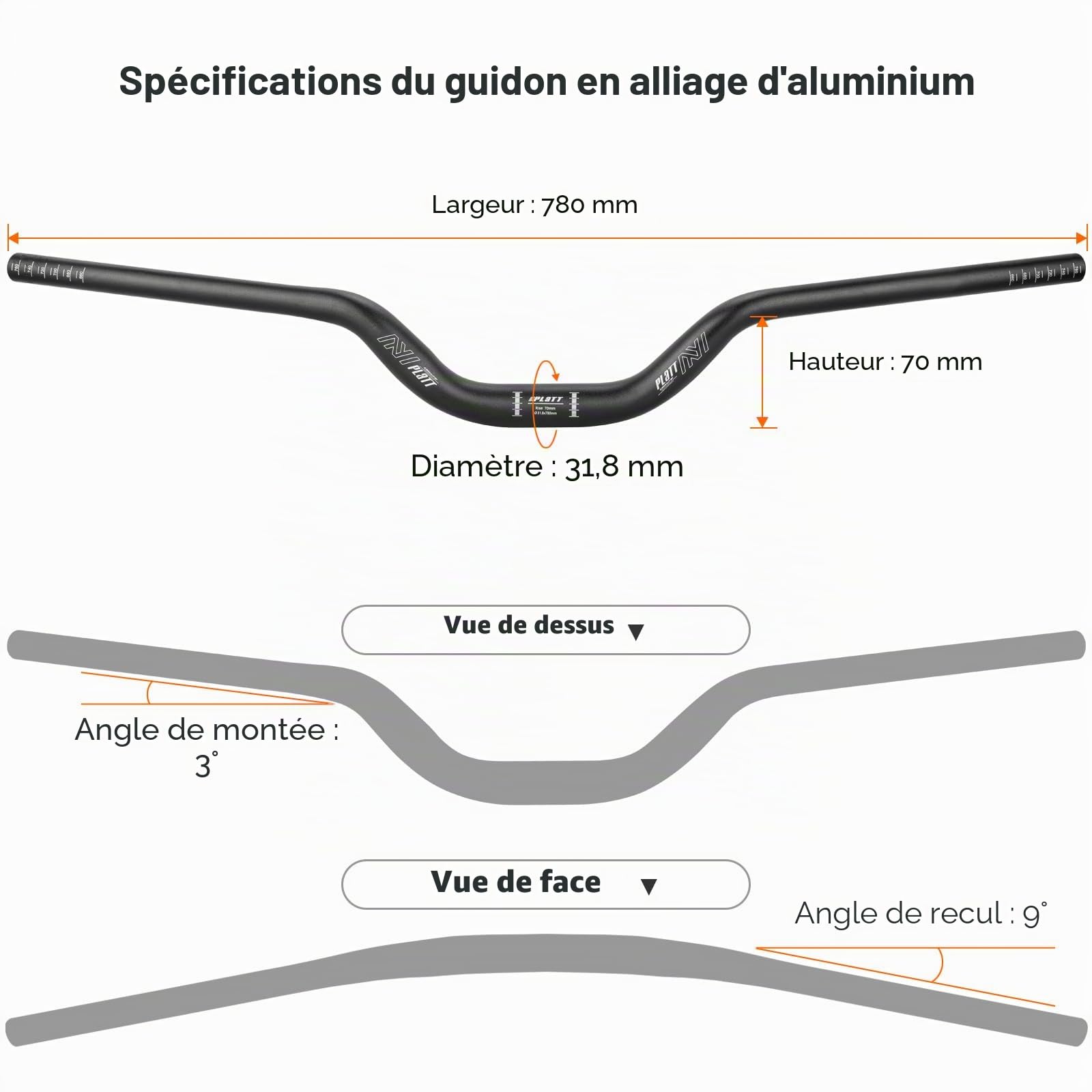 PLATT Guidon de vélo 31.8mm- Aluminium Alliage Relevé Guidon Cintre VTT et Véhicules de montagne de 780mm (élévation de 70mm)