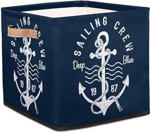 cfpolar Contenedor plegable de almacenamiento con ancla náutica del océano de 13 x 13 x 13 pulgadas, cesta de almacenamiento de tela plegable, cubos