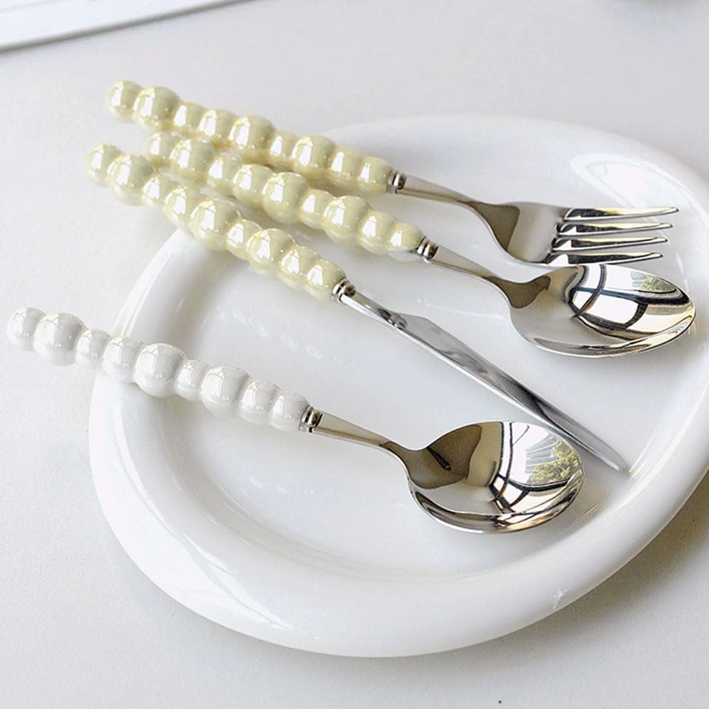 Rieort Ensemble d'argenterie 3/4 pièces Couteau Fourchette cuillère Manche en céramique fourchettes à dîner Ensemble de Couverts en Acier Inoxydable Ensemble de Vaisselle réutilisable