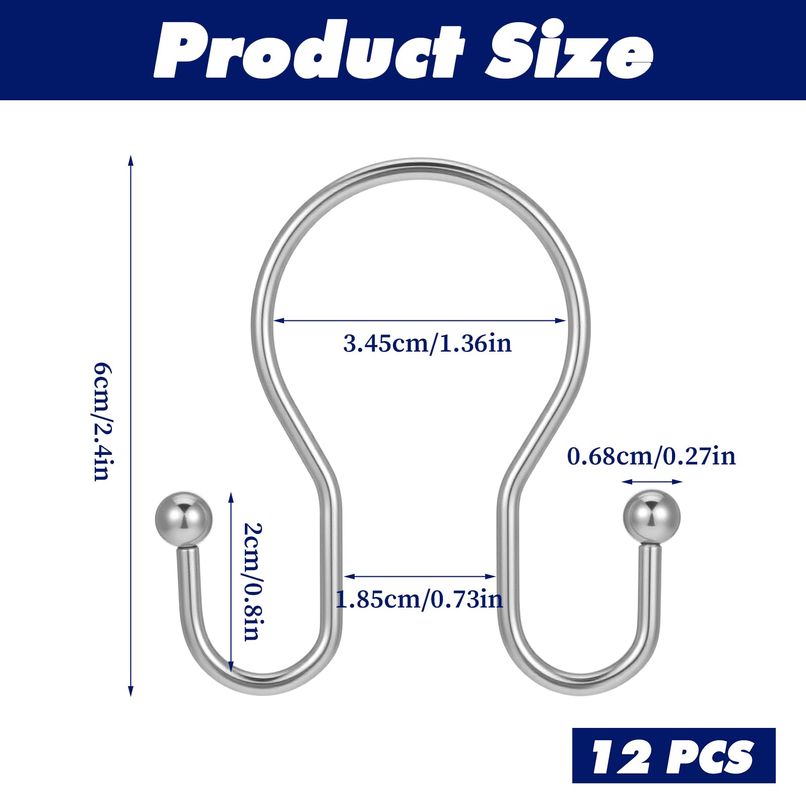 Guduling 12pcs Double Sided Shower Hooks,Rust Proof Shower Curtain Hooks,Stainless Steel Bathroom Showers Hangers Rings,Smooth Glide Metal Curtain Hook for Showers Rods, Silver