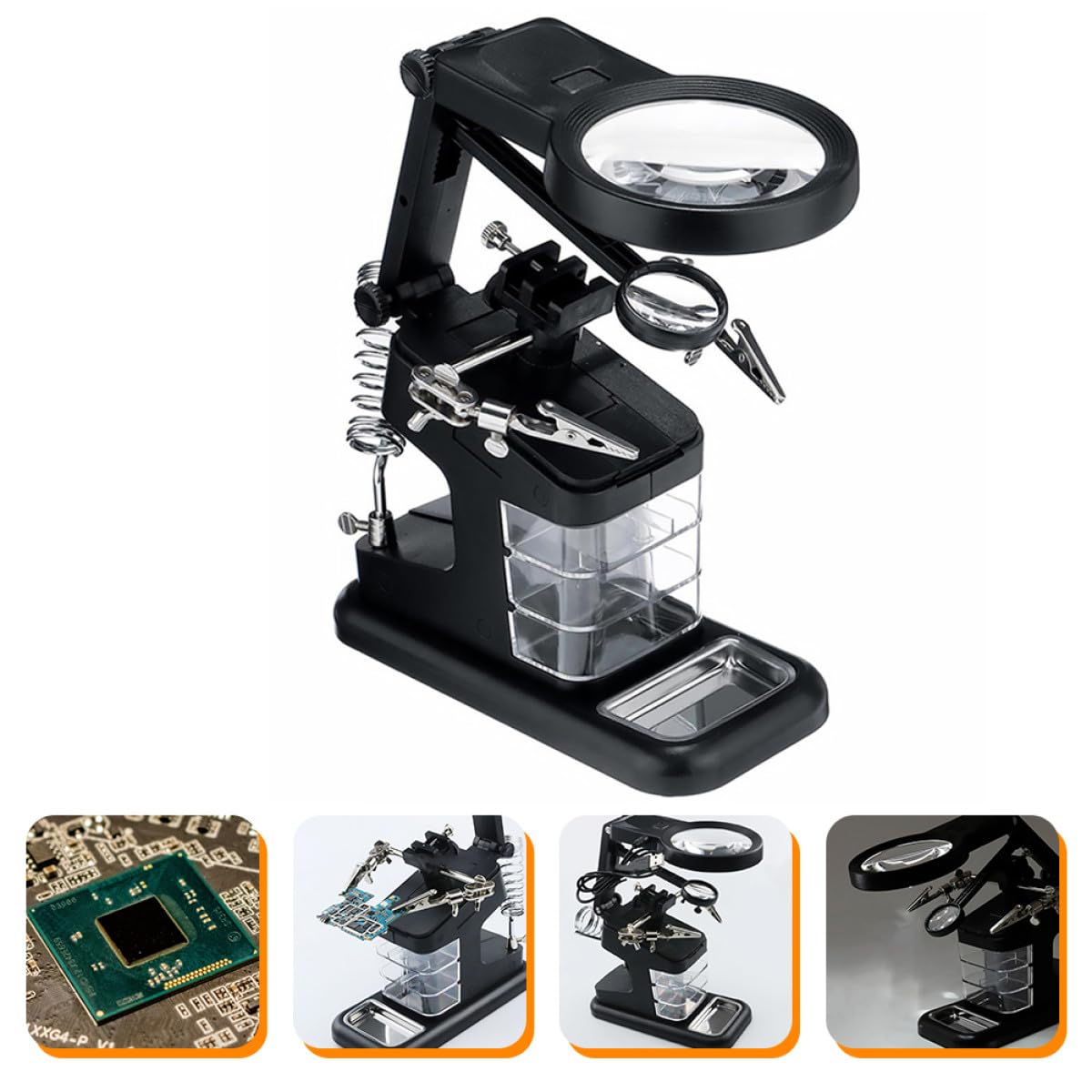 Ciieeo Estación de Soldadura LED Lupa de Escritorio Negra, Soporte Ajustable Tres Lentes de Aumento Retráctiles, Luz LED Integrada para Trabajos de Soldadura y Reparación Electrónica